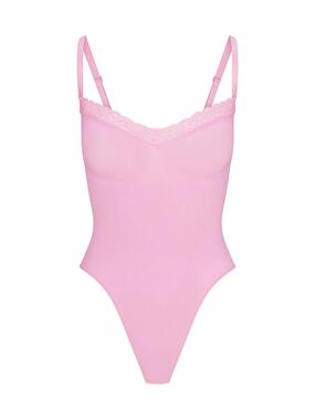 SKIMS Seamless Sculpt Lace Thong Bodysuit in Bubble Gum SZ M